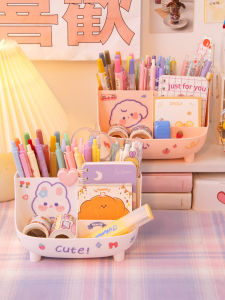 Cute Creative Pen Holder & Large Capacity Stationery Storage Box for Kids Girl Ins Style Student Office Desk Surface Panel