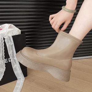 ผู้หญิง รองเท้าบูทเชลซีแบบสั้น 2024 ก้นหนาสไตล์ใหม่ พรางหุ่น Highening หนัง แฟชั่น ลำลอง หัวมน ซิป ปิด