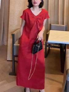 QINGNAER | Slimming Retro Fashion Summer Dress for Plus Size Women Red V-Neck Wrinkle