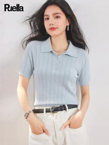 puella | Fashionable Polo Collar Jacquard Knit Short Sleeve T-Shirt
