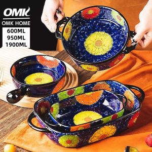 OMK Polish Series Hand-painted Ceramic Rectangular Baking Pan Round Baking Pan with Two Ears Baking Trays & Pans