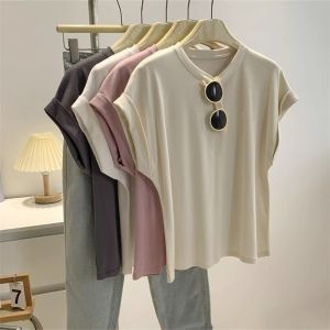 เสื้อยืดแขนสั้นผ้าโมดอลคอตตอนสไตล์เกาหลีสำหรับผู้หญิง ทรงสลิมฟิต ระบายอากาศได้ดี แขนกุด สีสันสดใส แฟชั่นฤดูร้อน