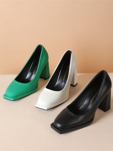 Square Head High Heels Womens Fashionable Roman Style Flat Mouth Shoes All Matched Professional Single Shoes for Autumn