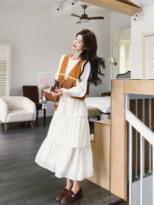 White French Cake Skirt Set Womens Spring 2025 New Small Tassel Vest Beautiful Dress Two-Piece Set Vintage Style High Waist A-Line Dress Long Sleeve