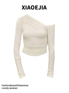 XIAOEJIA Series Skin-Like Elastic Long Sleeve Asymmetrical Shoulder Top Perforated Knitwear for plus Size Women Commute Style