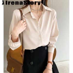 (S-4XL)LAREINE Áo Cho Phụ Nữ Hàn Quốc Phong Cách Giản Dị dài tay màu trơn Áo sơ mi cỡ lớn trang phục công sở Cho Phụ Nữ