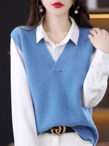 Fashionable Knitted Vest Top Womens Outerwear Spring Autumn Winter Stylish Trendy European Style Pure Color V-Neck No Button