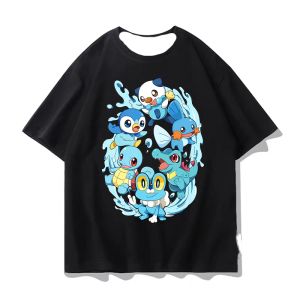 Bandai | Pokemon Anime Printed Short-sleeved T-shirt for Boys Summer Clothing with Pikachu Charmander and Squirtle Patterns Printed