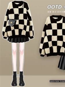 Thickened Knitted Sweater Skirt Set with Gingham Lantern Sleeve Autumn Winter Outwear Midi Length Retro Style Womens Fashion