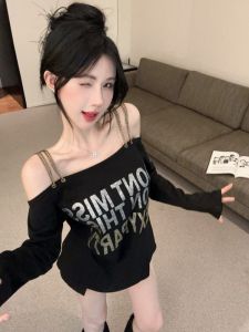 GUZILIAN | Retro American Metal Print Off Shoulder Long Sleeve Womens T-shirt Loose Chain Strap Color Block Casual Style Polyester Fiber
