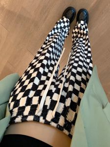 High Waist Fleece Lined Plaid Pants Womens Spring Autumn Winter Straight Leg Wide Leg Draping Black White Chessboard Pants