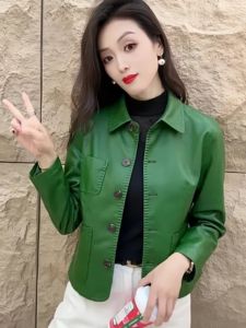 เสื้อแจ็คเก็ตผู้หญิง PU หนัง ทรงเข้ารูป แขนยาว ปกโปโล ทรงสั้น เสื้อคลุมกันหนาว แฟชั่นฤดูใบไม้ผลิ 2025