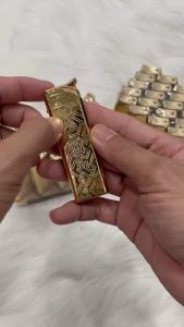 Bật Lửa Khò Tia Xanh T18 - Vỏ Nhôm Vàng Bóng Có Vân - Có Bơm - Hộp Quẹt Vỏ Bằng Nhôm