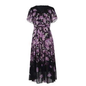 MY TENO | Elegant Printed Summer Dress Waist-Cinching Holiday Style Floral Print Short Sleeve V-neck Back Zipper Business City Casual