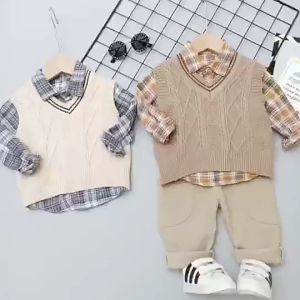 Setelan Kemeja Baju Rompi Sweater Celana Panjang Anak Laki Impor MIKIO
