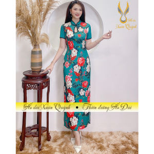 Sườn Xám Lụa Thượng Uyển Hoa Mẫu Đơn Cao Cấp S01 Xanh Sang Trọng Nổi Bật - Áo Dài Xuân Quỳnh