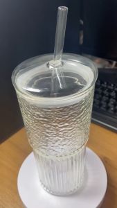 PSD - 20oz Clear Glass Mug with Vertical Stripe Design for Hot & Cold Beverages