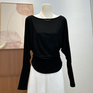 Slim Fit Long Sleeve T-Shirt Womens Spring New Waist Cinched Pleated Base Shirt Unique Irregular Top Korean Style Commute