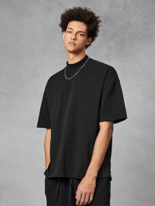 ZHUOCAN | Black Semi High Collar Heavyweight Cleanfit 5/8 Sleeve T-Shirt for Men Summer