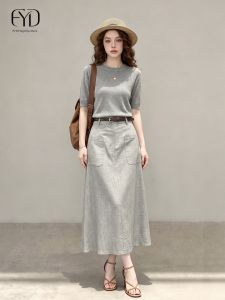High Quality Elegance Grey Knit Top Linen Skirt Set