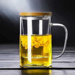 Transparent Glass Cup with Handle for Office Use Mens Style Bamboo Lid Tea Water Separation Cup Heat Resistant Flower Tea Cup