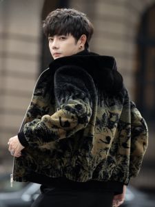 HENGYUANXIANG | Gold Mink Velvet Hooded Jacket Mens High-End Casual Gradient Color Fur Winter Clothes Zipper Closure Long Sleeve Thermal Outerwear