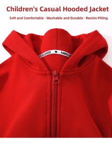 Red Hooded Jacket Childrens Spring Autumn Sporty Open Cardigan Coat for Boys And Girls Cotton Polyester Blend Casual Wear