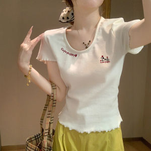 Fashionable Letter Print U-neck Short Sleeve T-shirt WomensSummer New Arrival Korea StyleSlim Fit Absorbed Sweat