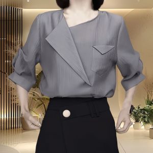 Áo Sơ Mi Nữ Dáng Rộng Mùa Hè Mới Sang Trọng Tay Ngắn Cổ Bẻ Thiết Kế Thanh Lịch Mỏng Thời Trang Thường Ngày Màu Trơn