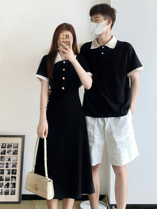 Couples Matching Knee-Length Polo Dress Cotton High Waist A-Line Skirt Short Sleeve High Quality Summer College Style Dress