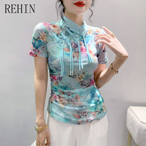 REHIN Elegant button and pleat high neck design Floral print short sleeve T-shirt Slim fit and trendy womens top