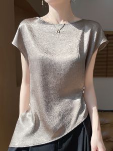 French Style Silk Short Sleeve T-Shirt Womens Summer Luxury Acetate Top Asymmetrical Loose Fit round Neck Cool Feeling