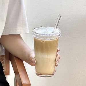 Minimalist Vertical Stripes with Lid Cup with Straw Ins Wind Good-looking Water Cup Milk Coffee Cup Drink Cup Iced Coffee Cup