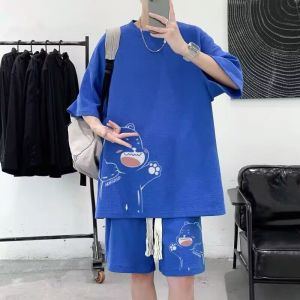 Bộ Đồ Thể Thao Mùa Hè in Hình Gấu Màu Xanh Lam Cỡ Lớn Cho Nam Quần Short Tay Ngắn Rộng Rãi Thời Trang Thể Thao Thường Ngày