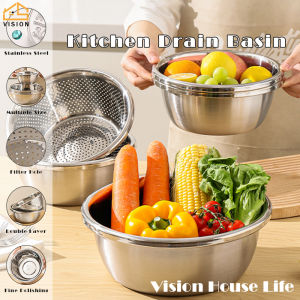 Vision Stainless Steel Vegetable Washing Basin Fruit Drainage Basket Salad Mixing Bowl Rice Washing Bowl Strainer Colander Multi-Functional Drain Basket Basin