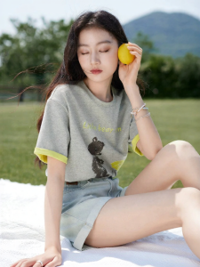 XIANGYING | Gray Short Sleeve T-Shirt for Women Summer Soft and Embroidered