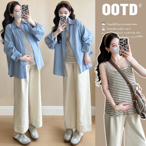 Bộ Đồ Mang Thai Thời Trang Áo Dây Sọc Áo Dài Tay Quần Dài 3 Món
