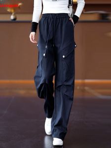 Fashionable Casual Cargo Pants Womens Dark Blue Straight Leg High Waist Comfortable Polyester Fiber Soft And Comfortable