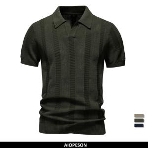 AIOPESON 2025 Mens Solid & Striped Mesh Polo Shirt - Breathable Knit Casual Top with Turn-Down Collar