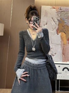 plus Size V-Neck Thickened Long Sleeve Knitted Sweater Womens Autumn Winter Slimming Effect Fake Two-Piece Style Korean Fashion