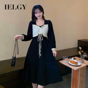 IELGY black first love mid-Length stitching receiver waist slim dress female