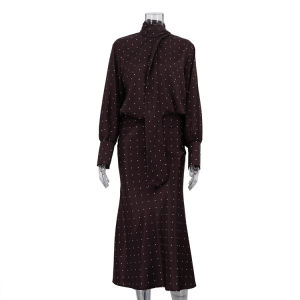 Two Piece Skirt Set Printed Polka Dot Satin Skirt Set Womens Long Sleeved Lace Up Shirt+high WAIST Midi Skirt Set