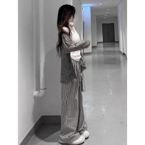 High Waist Wide Leg Pants Striped Loose Casual Long Trousers for Women Summer New Style Versatile Floor-Length Straight Leg Pants