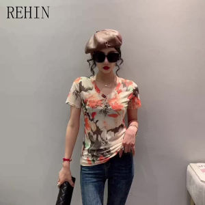 REHIN Womens top Summer new fashion mesh floral printing short-sleeved V-neck T-shirt Slim thin S-3XL elegant blouse