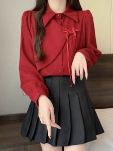 Red New Chinese Style National Style Chinese Knot Button Shirt Female Stylish Niche Style Autumn and Winter Long Sleeves Patchwork Brushed Thickened Tops