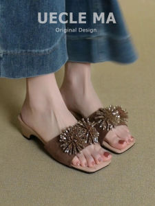 UECLE MA | Flock Rhinestone Open Toe Slippers Chunky Heel
