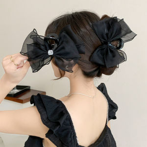 【♡Lovely girls house♡】Retro Black Big Bow Hair Clip for Women Ponytail Elegant Hair Claw Mesh Fashion Hair Accessories