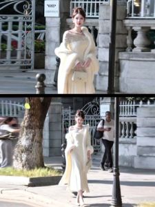 CHANGTONG | Elegant Lady High-End Fur Collar Cloak Dress Two-Piece Set Korean Style Complete Winter Outfit Fish Tail Gown Coat Combo