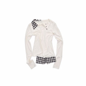 1JINN STUDIO | Henry Neck Asymmetric Plaid Patchwork Long Sleeve Shirt Slim Fit Knitwear