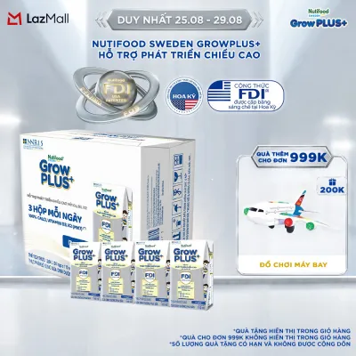 Sữa Bột Pha Sẵn Nutifood Sweden GrowPLUS+ Cao lớn vượt trội - Hỗ trợ phát triển chiều cao hộp 110 ml (24 hộp x 110ml)